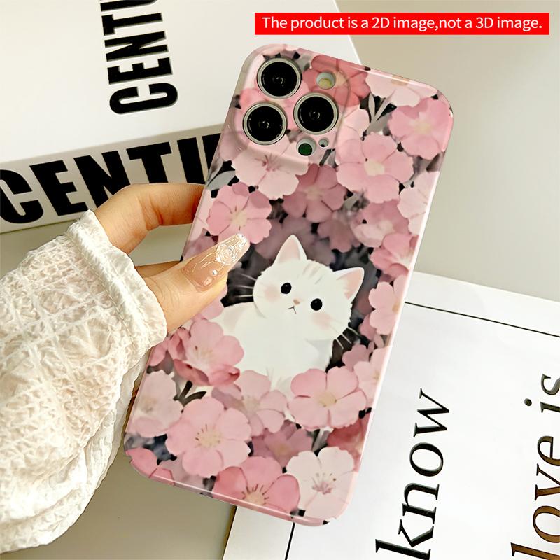 2DFlat White Kitten Among Pink Flowers Phone Case All inclusive film hard iPhone case, compatible with iPhone 18 Pro Max 17 16 15 14 13 12 11