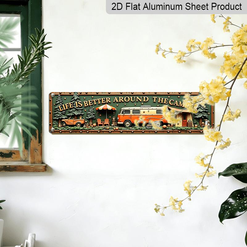 2D Flat, Vintage Camper Van & Retro Outdoor Wall Sign - Metal Rustic Decor Suitable for Bars, Living Rooms, Campgrounds, Christmas & Thanksgiving