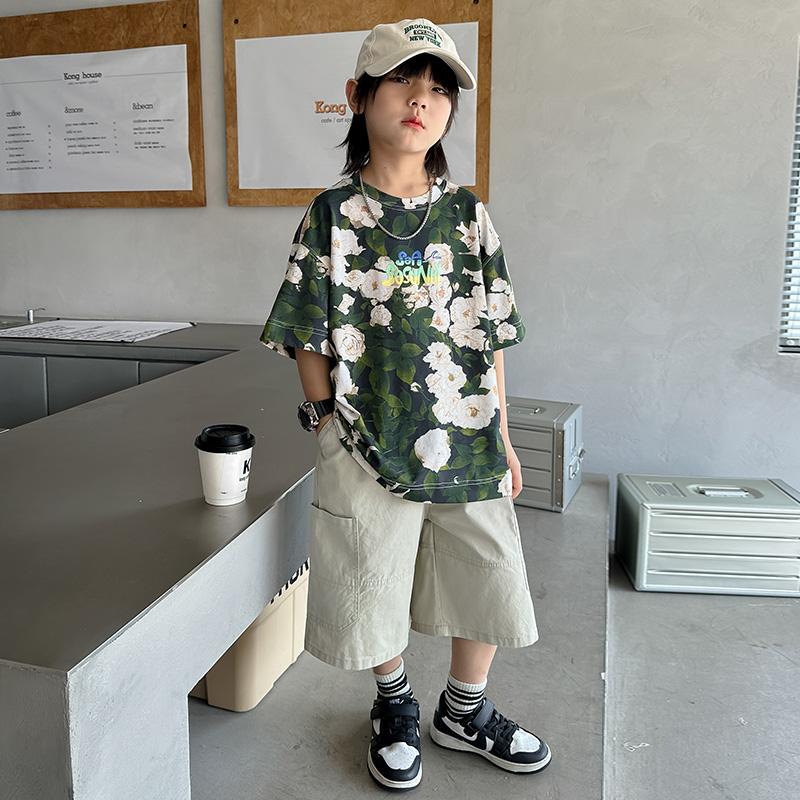 Boys' short sleeved T-shirt for summer 2026, new big children's summer outfit, pure cotton half sleeved top, boys' summer T-shirt