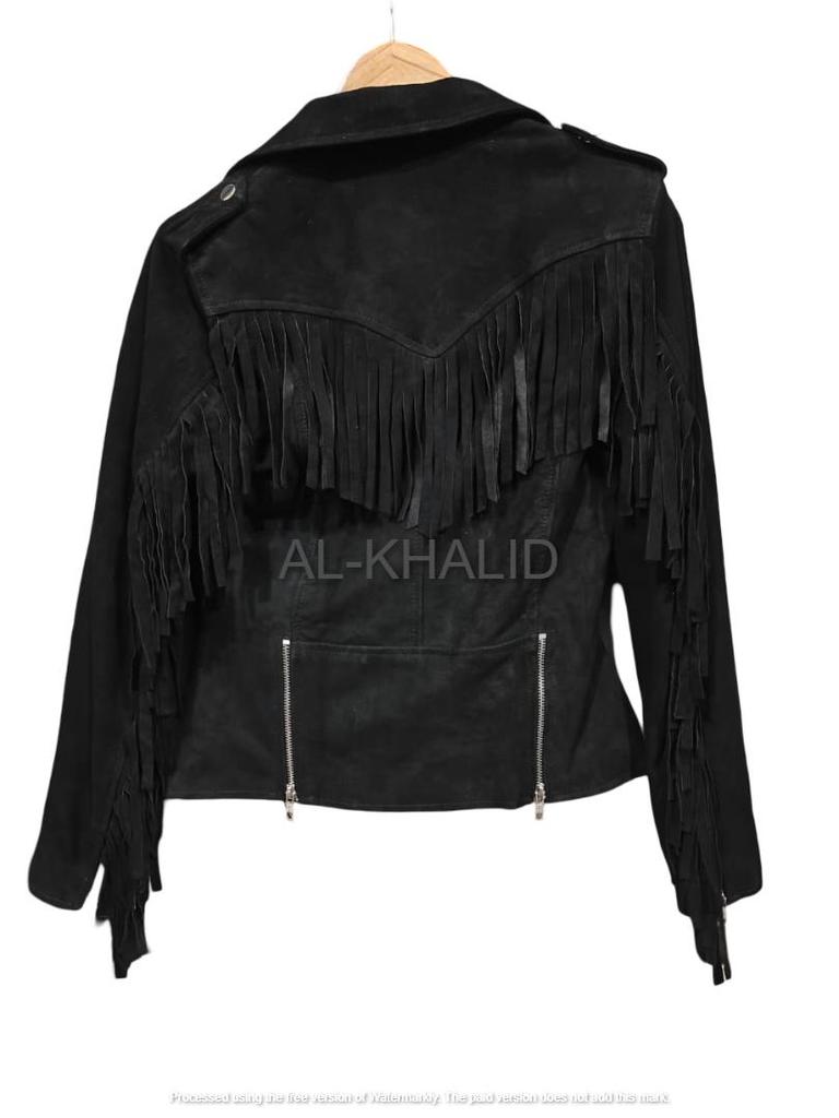 AL KHALID Куртка из натуральной кожи ягненка, черная, с бахромой, из замши, ручная работа
