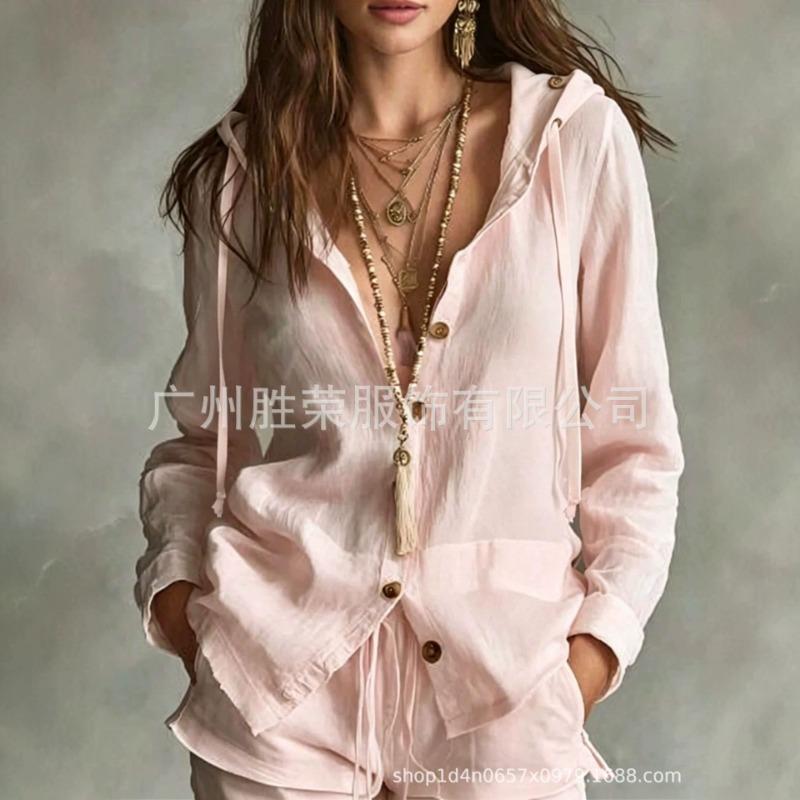 Women S Casual Solid Color Hooded Long Sleeve Button Shirt