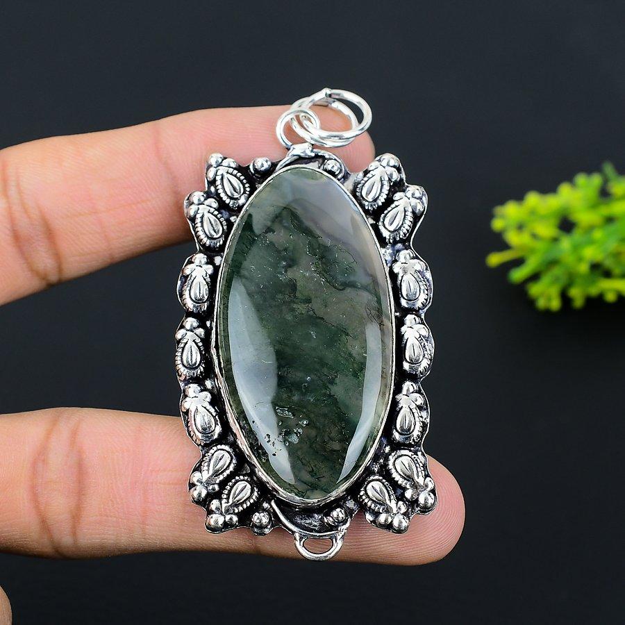 Подвеска из натурального мохового агата ручной работы из стерлингового серебра 925 пробы 3,03 дюйма H2I23