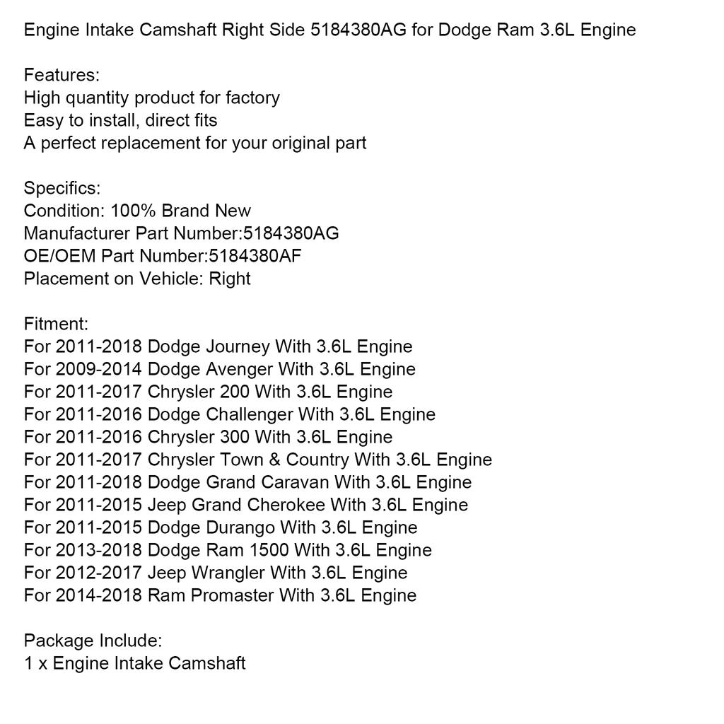 Впускной распредвал двигателя правый 5184380AG для двигателя Dodge Ram 3.6L