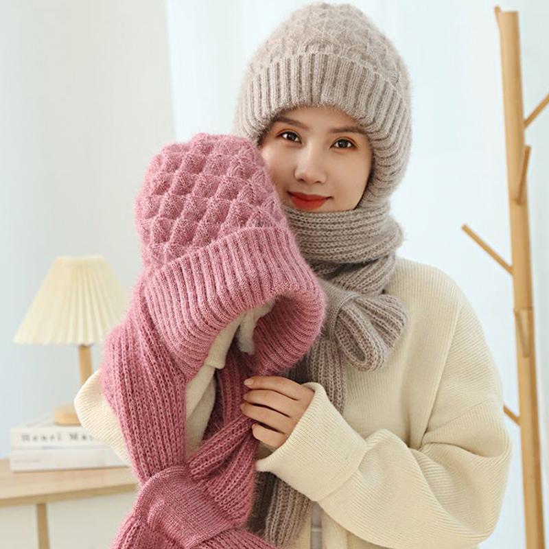 Women Windproof Hat Scarf Set Solid Color Beanie Caps Woolen Hat Fleece Lined Knitted Winter Plush
