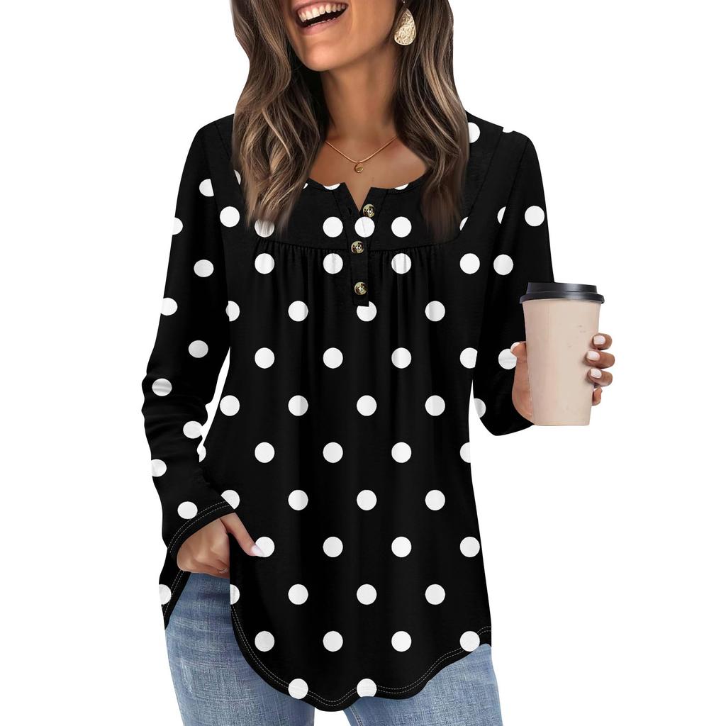 Женская туника с длинным рукавом, свободные топы, повседневные топы оверсайз, плиссированная туника, застегивающаяся на пуговицы, повседневные женские топы с принтом