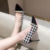 Fashion New Women Black High Heels Shoes Houndstooth Pumps Black Toe Costume Tweed Boat Shoes Pearls Designer Shoes Dress Work Shoes