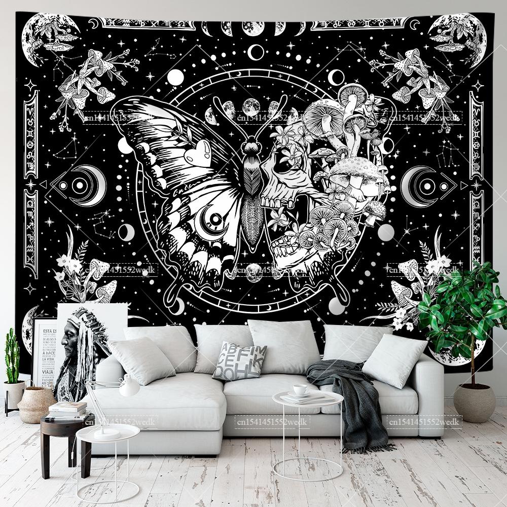 Гобелен со скелетом и бабочкой, черно-белый череп, грибной гобелен, хиппи, эстетический декор комнаты, настенные фоновые полотна