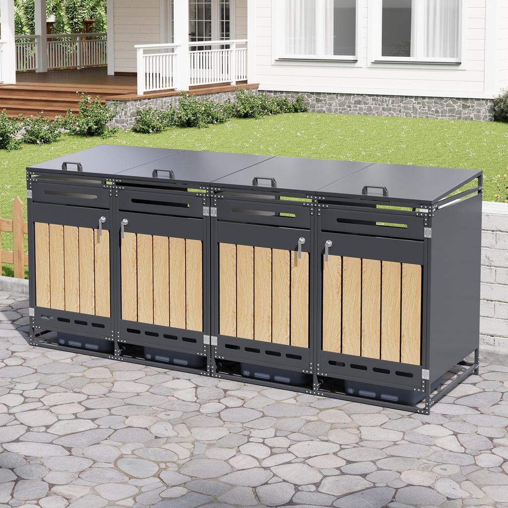 4-Piece Set Trash Can Box with Hydraulic Lid, Vertical Wood-Look Cladding, Slotted Ventilation, Iron Garden Storage Cabinet with Lock