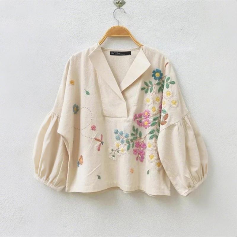ZANZEA Женская повседневная блузка с V-образным вырезом, свободного кроя, с длинным рукавом, с цветочным принтом
