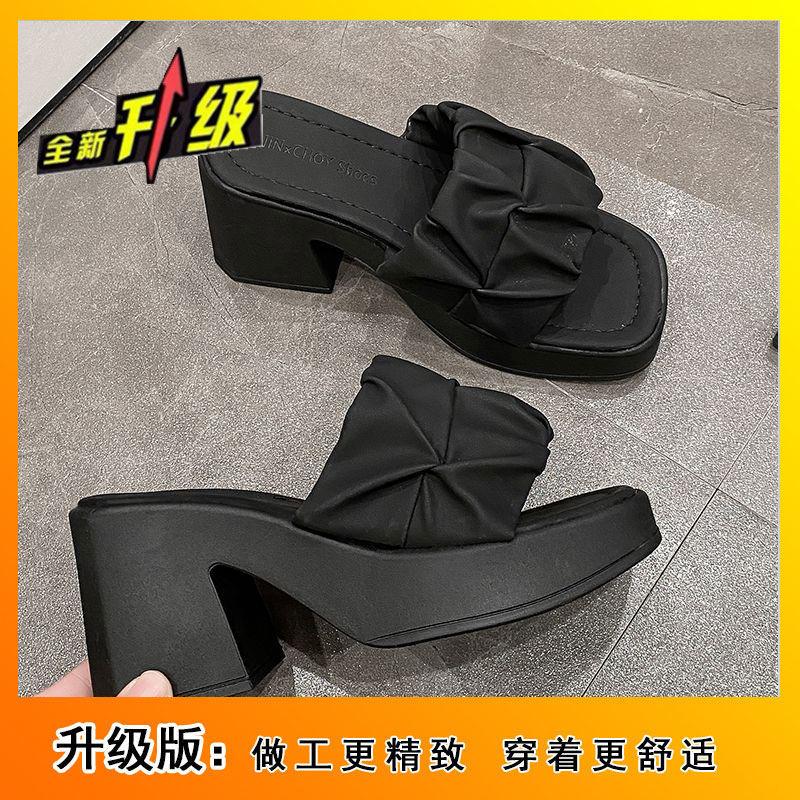 One-word Sandals Summer 2025 New Thick-soled Outer Wear Internet Celebrity Thick Heel Waterproof Table Wedge Heel Fashion High Heels Women