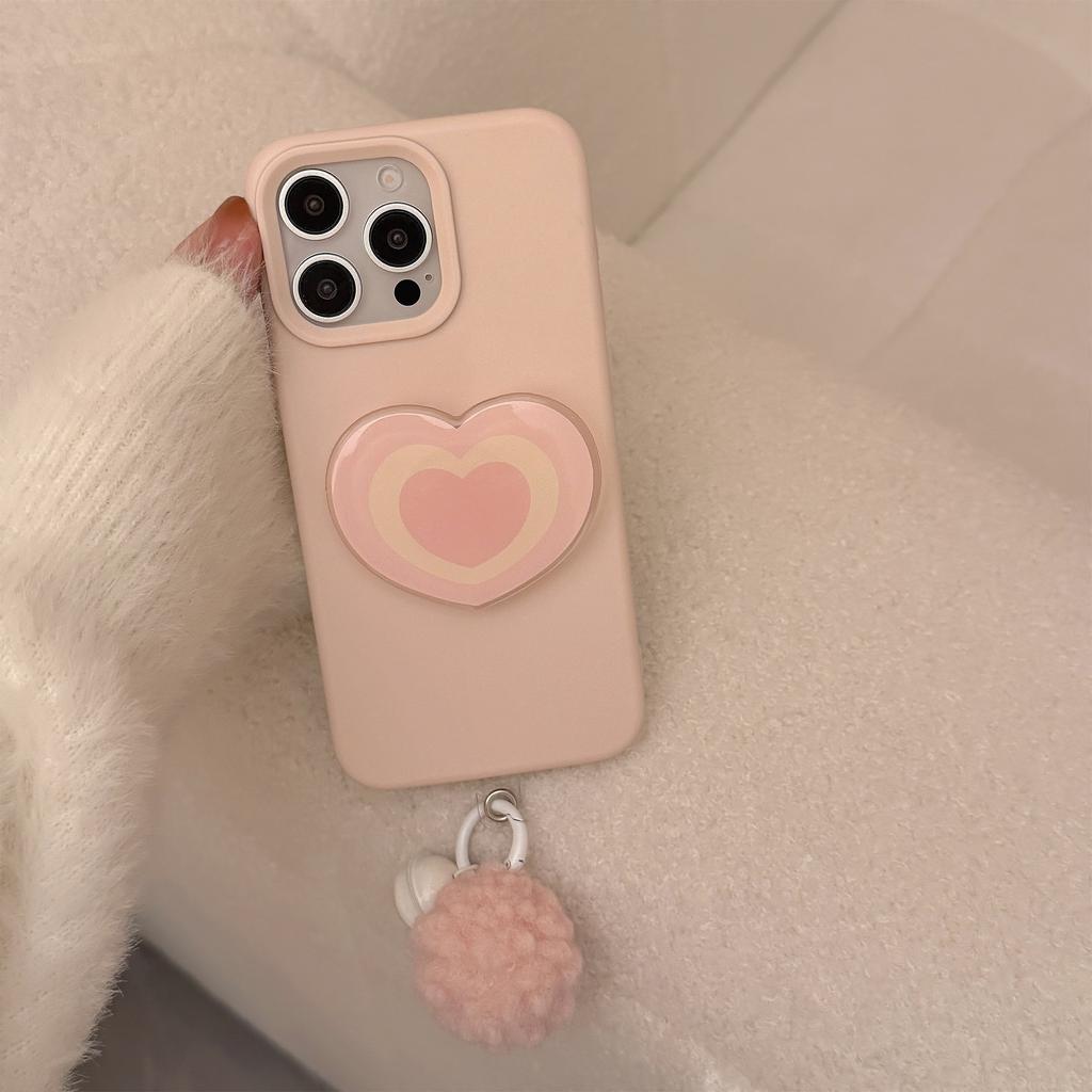 Pink heart-shaped stand is suitable for iphone16Phone case15promax Apple14Applicable13Pom-pom bell17