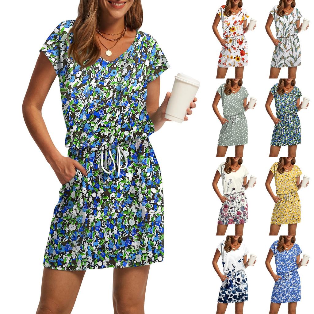 Women's Summer V-Neck Casual Short Sleeve Drawstring With Pocket Vintage Floral Dresses