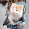 Round Neck 3D Cat Printed Top Fashionable and Casual Long Sleeved Women's T-shirts
