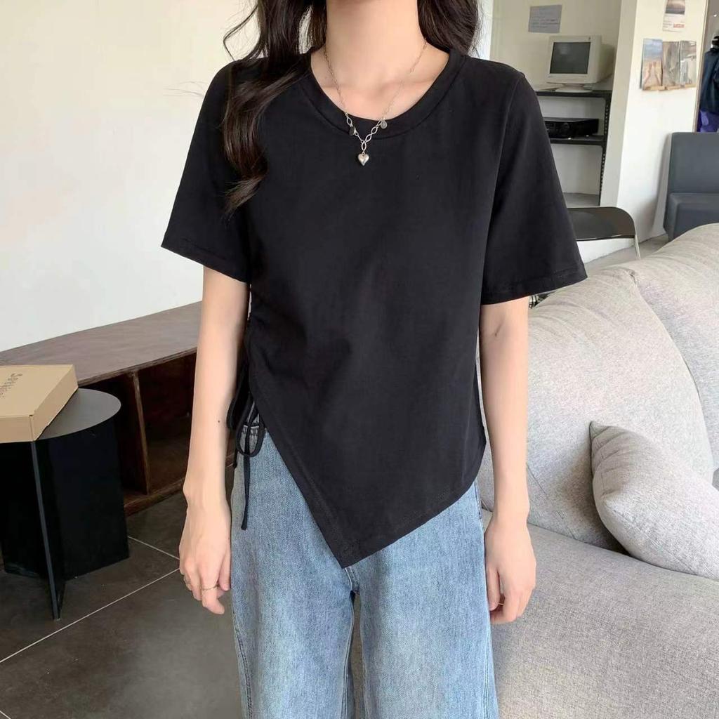 Летние нестандартные футболки с коротким рукавом для женщин, тонкий хлопок, однотонный, со шнурком, повседневная тонкая футболка Harajuku Student Y2k укороченные топы