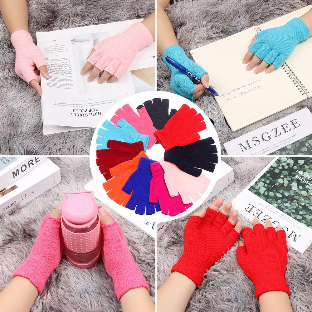 Women Men Keep Finger Warm Candy Color Thick Warm Half Finger Mittens Short Knitted Gloves