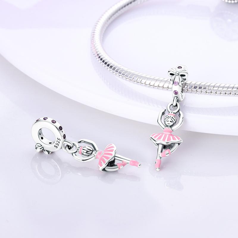 Pink Ballet Girl Pendant Charms Beads Fit Fashion Style Bracelet Necklace 925 Silver DIY Jewelry