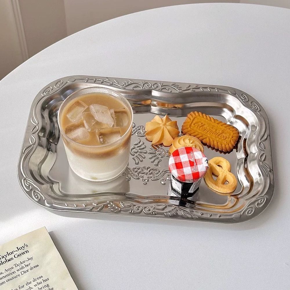 Stainless Steel Floral Dining Tray Rectangular French Vintage Fruit Snack Tray Refreshment Pallet Restaurant Commercial Storage