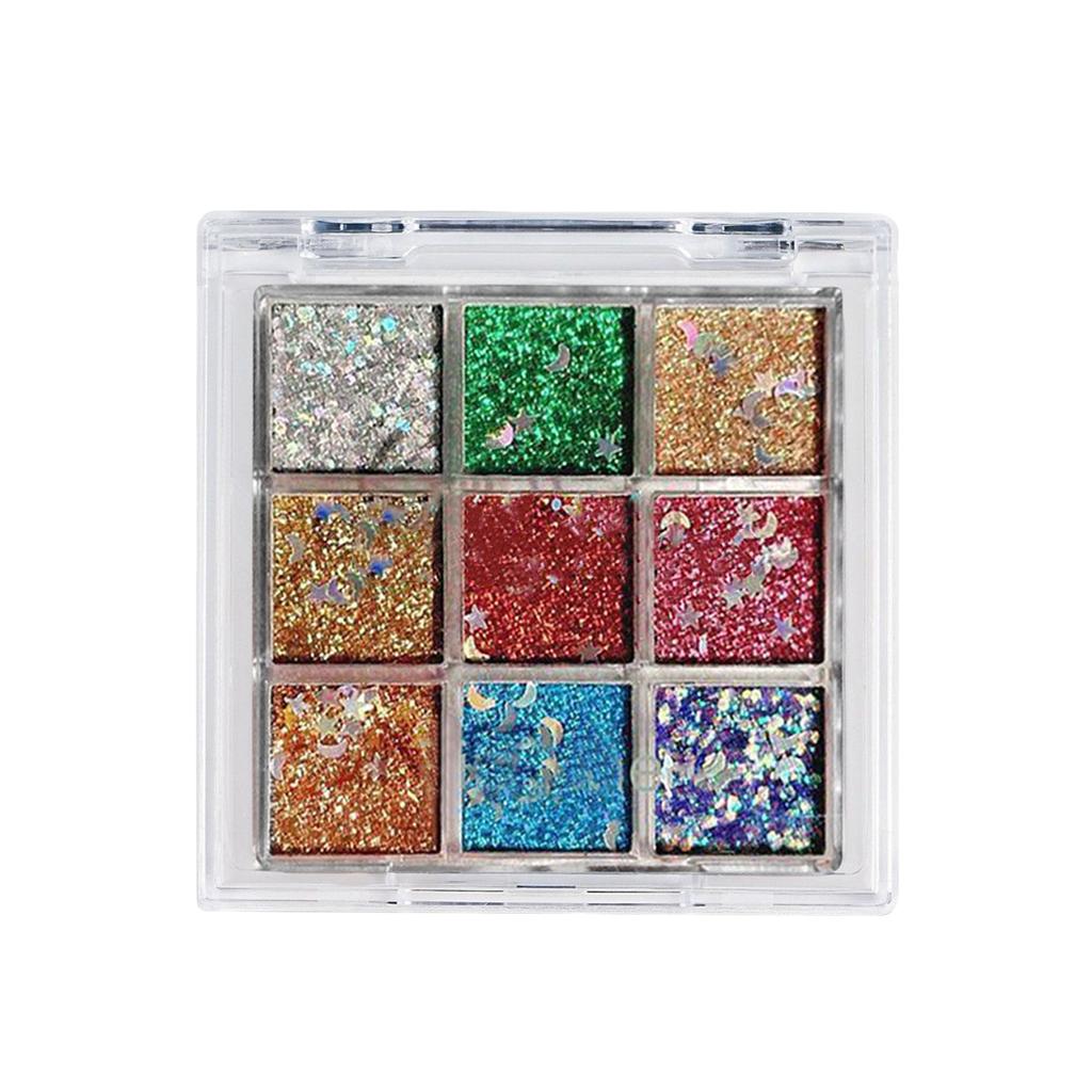 9-цветный гель, Цветные блестки, 9-цветные тени для век без клея, Сценический макияж для выступлений, Крупные блестки, Суперсияющие.