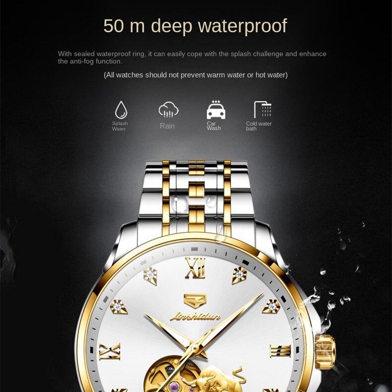 JINSHIDUN Новые мужские часы для бизнеса и отдыха, полностью автоматические механические часы, высококачественные часы с трубчатым маховиком