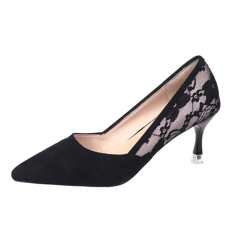 Fashion Unique Design Women's Black High Heel Shoes with Delicate Lace Hollow-Out, Pointed Toe, Thin Heel and Breathable Lining