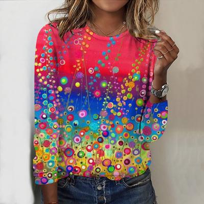 Топы на весну и осень с принтом горных лесных цветов и круглым вырезом, футболка с длинным рукавом, осенний повседневный тонкий пуловер, женский топ с длинным рукавом