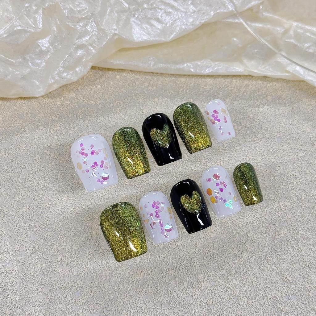 100% РУЧНАЯ РАБОТА Короткие искусственные ногти в форме гроба Темно-зеленый кошачий глаз Белое пятно Набор украшенных накладных ногтей с клеем Многоразовый пресс для ногтей