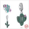 Новый Стерлингового Серебра 925 Сверкающий Зеленый Кактус Подвеска Шарм Бусина для Женщин Подходит Модный Браслет DIY Ювелирные Изделия