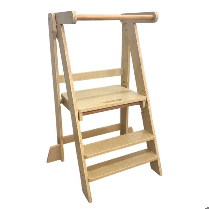 GINGER HOME Tour Montessori Enfant Pliable, Learning Tower en Bois Massif Naturel, Marchepied Cuisine Sécurisé, 51x37x92 cm