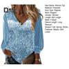 Fall Spring Women Top Shiny Sequin V Neck Long Sleeve Patchwork Loose Pullover Soft Breathable Mid Length Lady Commute Shirt Blouse