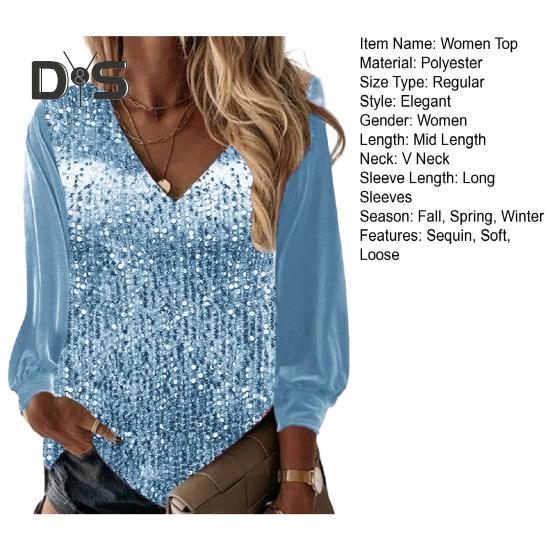 Fall Spring Women Top Shiny Sequin V Neck Long Sleeve Patchwork Loose Pullover Soft Breathable Mid Length Lady Commute Shirt Blouse