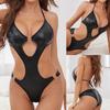Sexy Lingerie Sexy Women's Neck Hollowed-out Backless Patent Leather Three-point Onesie