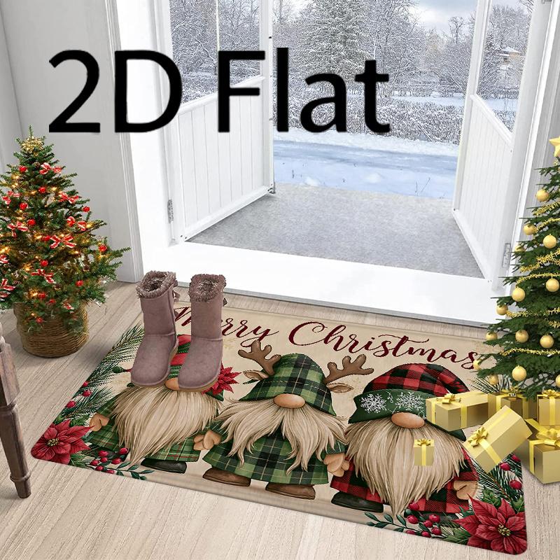 2D Flat Printing American Farmhouse Santa Claus Entrance Rug, Light Wood Grain Plaid Christmas Gnome Dwarf Grade Red Merry Christmas Non-Slip Door Mat