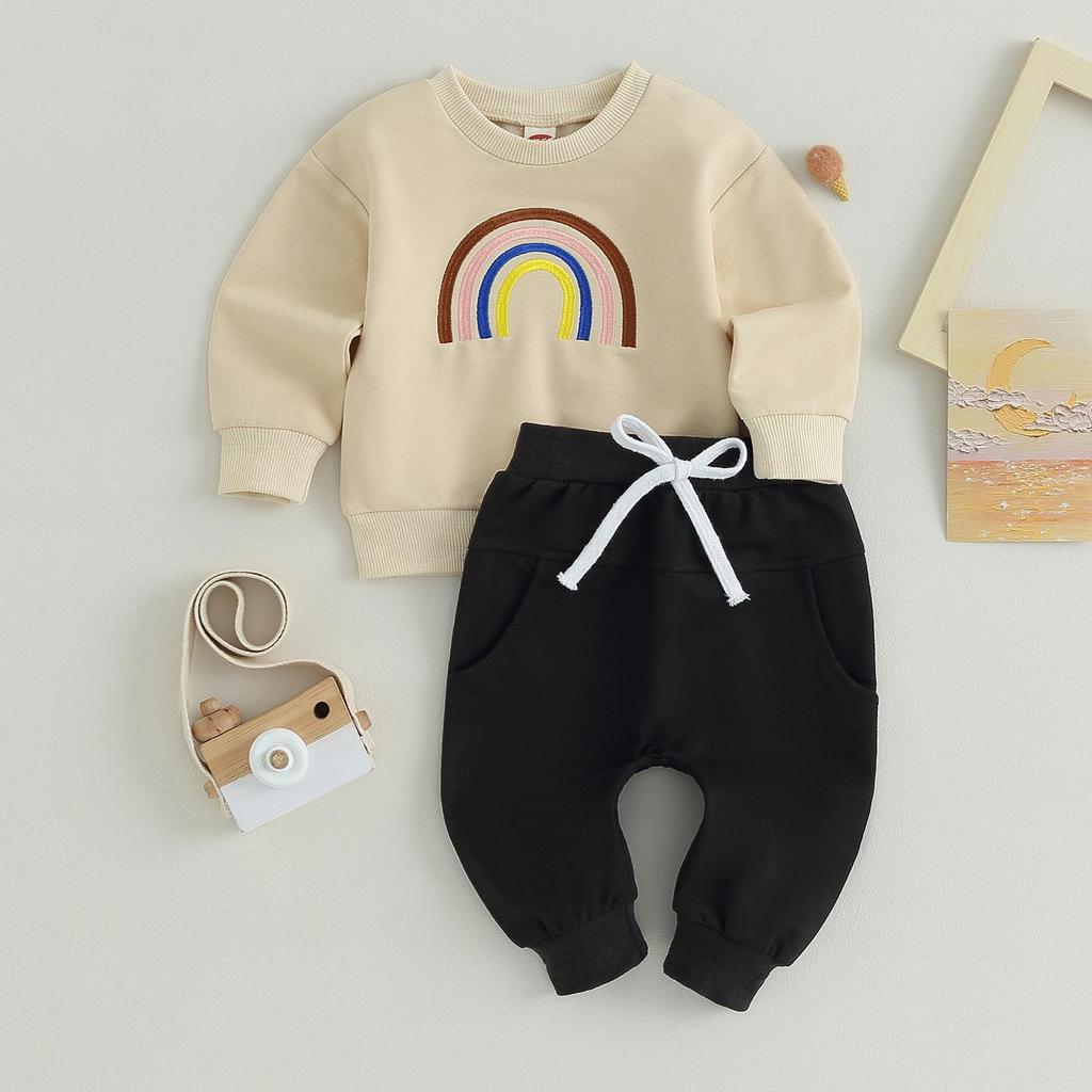 Осенние наряды для мальчиков 6 мес, 12 мес, 18 мес, 24 мес, 3 года, толстовки с длинными рукавами с радужной вышивкой и однотонные длинные штаны, комплект одежды из 2 предметов