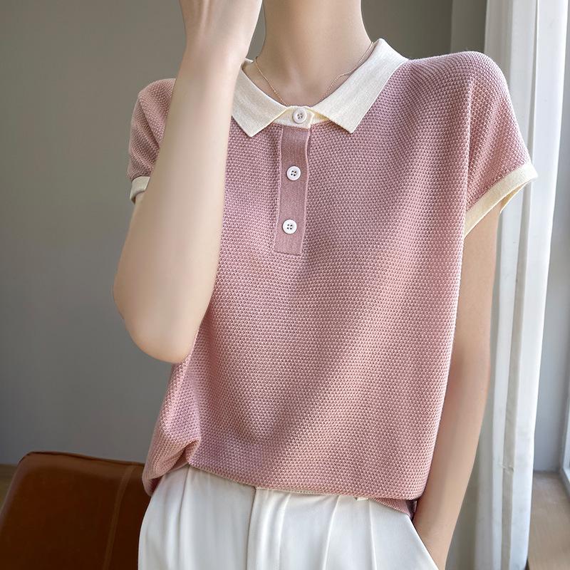 Женская футболка Tencel Colorblock Polo Collar с коротким рукавом и контрастным принтом – стильный, свободный, летний топ, который омолаживает