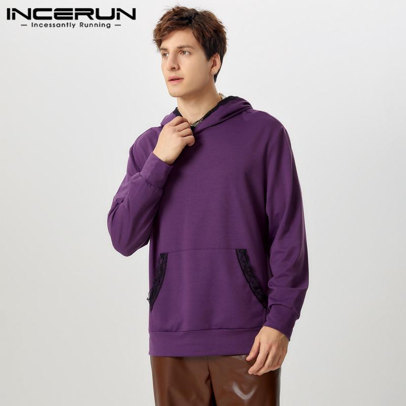 INCERUN Мужские толстовки с капюшоном с длинным рукавом и кружевным подолом, повседневные толстовки с капюшоном