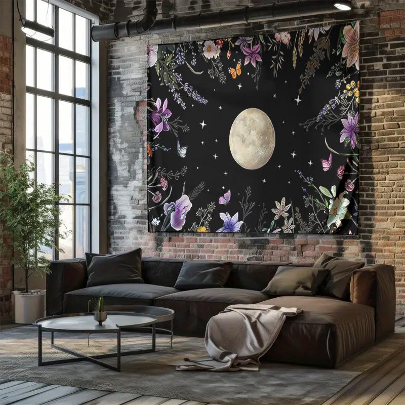 Moonlit Night Butterfly Tapestry with Starry Sky and Flowers Wall Decor for Bedroom Living Room Background