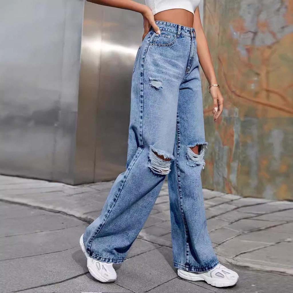 Women's INS Fashion Ripped High-Waisted Wide-Leg Jeans