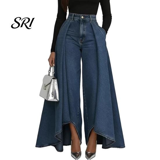 Simple Design Women Trousers Pants High Waist Buttons Zipper Closure Denim with Everyday Pockets Irregular Large Hem Wide Leg Solid Color Casual Loose