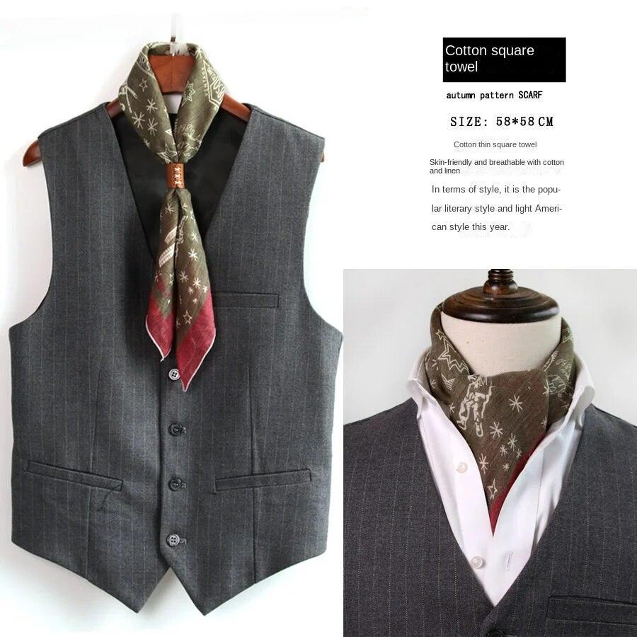 Cotton and Linen Men's Artistic Retro Scarf Korean Spring Autumn Winter Scarf Hip Hop Street Style Scarf Small Square Towel