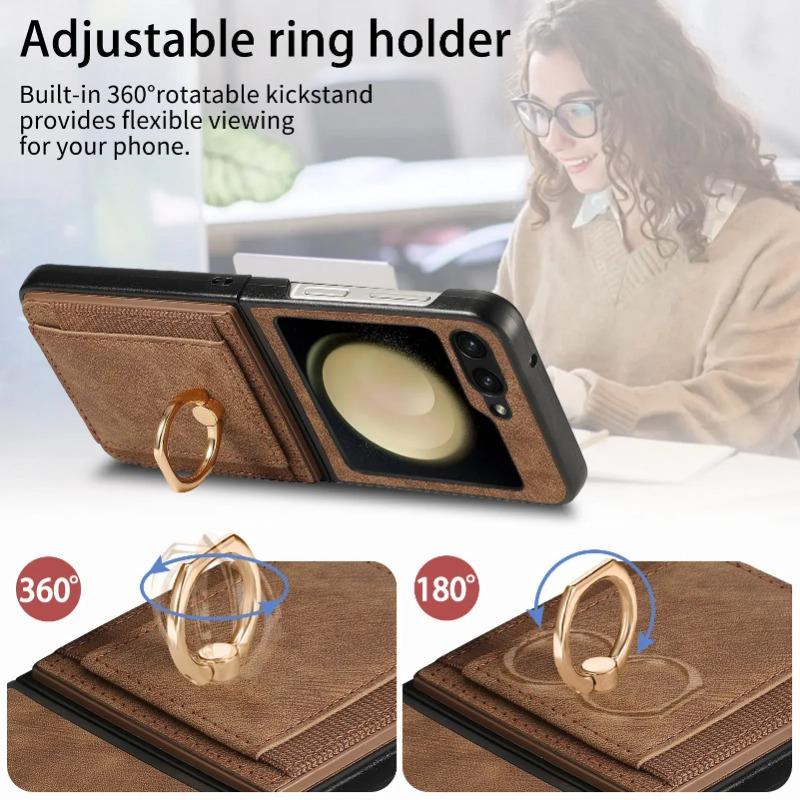 Ring Holder Wallet Card Holder Leather Cover for Samsung Galaxy Z Flip 6 5 4 3 5G Protection Phone Case Bag Z Flip6 Flip5 Flip4 Flip3
