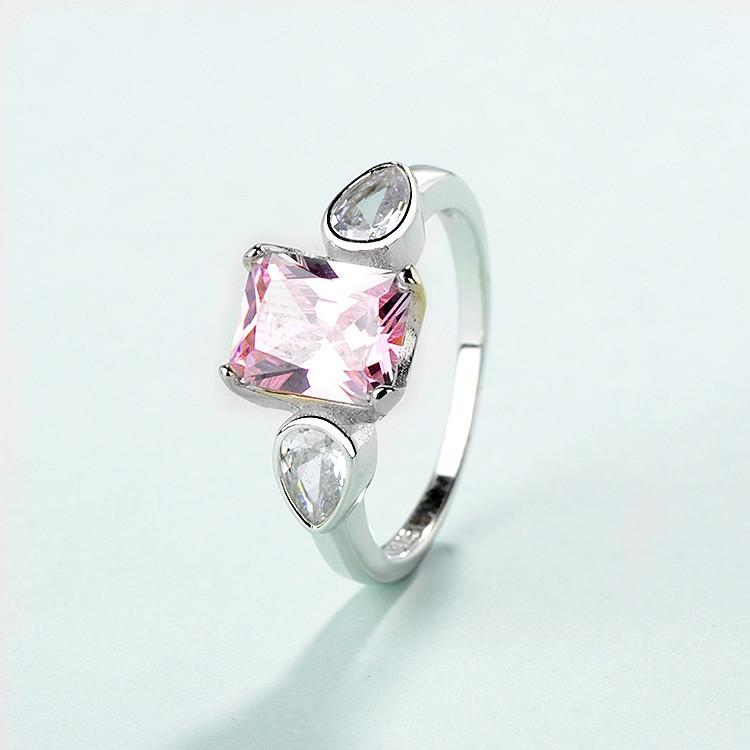 925 sterling silver fashionable and versatile square pink diamond women's ring, niche jewelry, European and American accessories