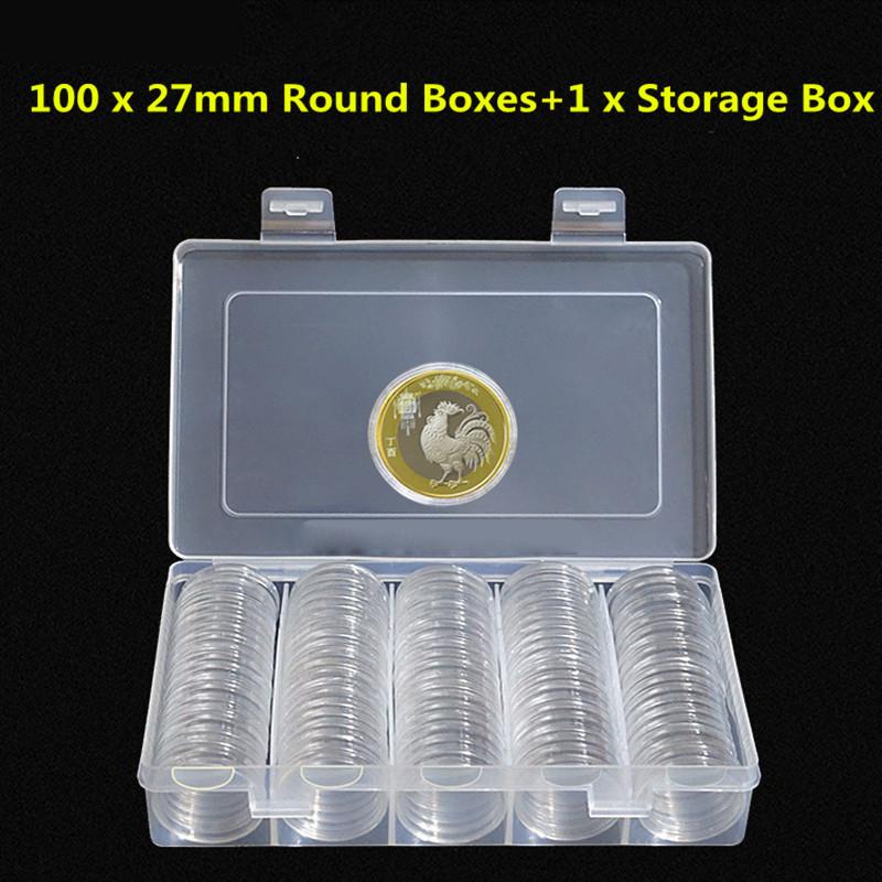 100pcs 27mm Round Cases Coin Storage Capsules Holder Box Container