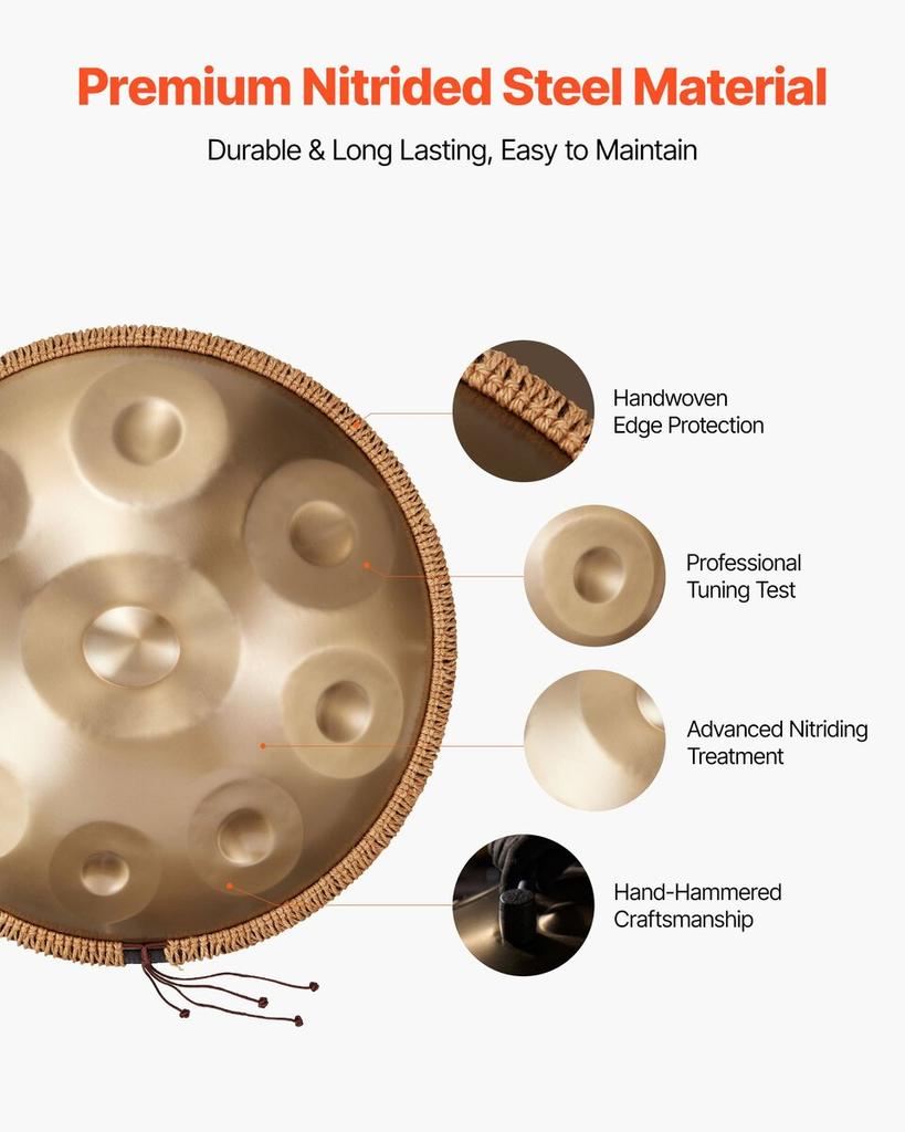 Handpan Drum, 56 cm 9 Notes Steel Hand Drum, 432Hz D Minor Musical Drums with Woven Edge Guard, 2 Mallets & Carrying Case, Fade-Resistant Percussion