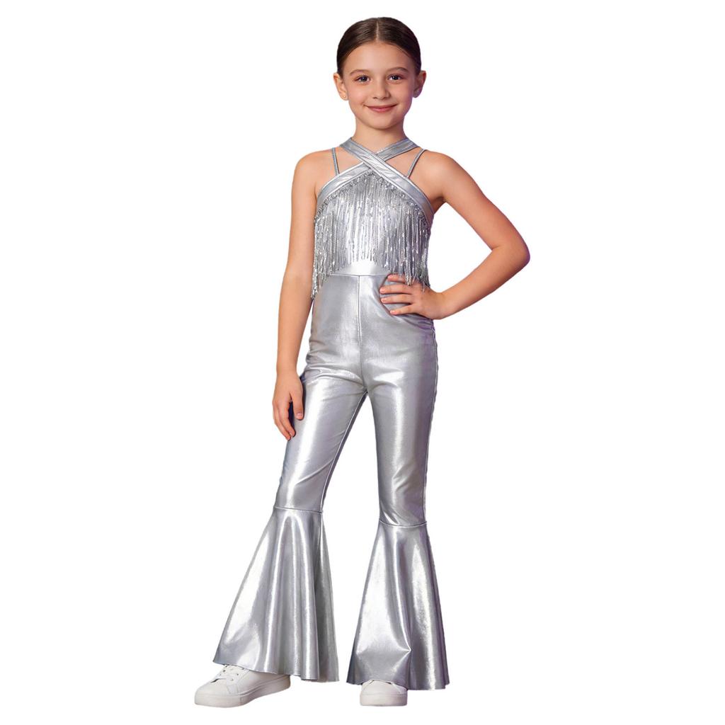 Kids Metallic Disco Dance Bodysuit: Sleeveless Sequins Tassels Jumpsuit with Back Invisible Zipper & Flared Pants