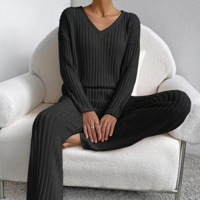 Autumn and Winter Two-piece Fashion Casual Straight Trousers Temperament Loose V-neck Pit-stripe Knitting Suit