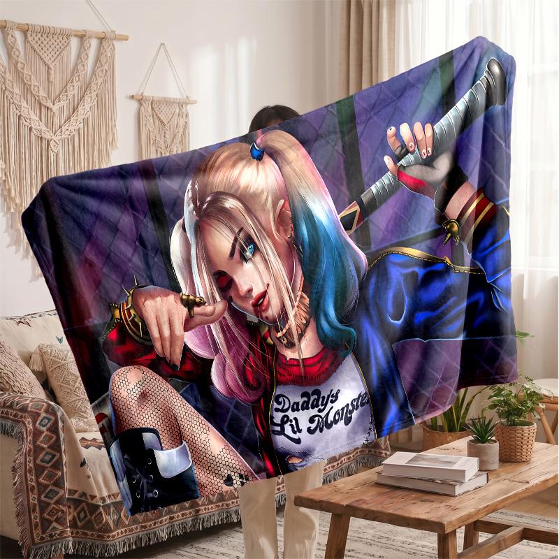 Harley Quinn Printed Flannel Blanket, Skin Friendly Warm Throw for Indoor Couch Bed Daily Use