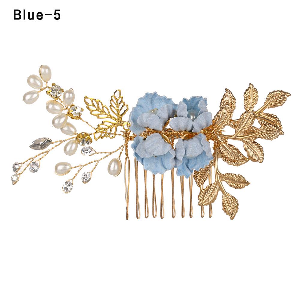 Fashion Elegant Blue Flower Women Hair Combs Headdress Prom Bridal Wedding Hair Accessories Gold Leaves Hair Jewelry Hair Pins