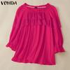 VONDA Женская летняя блузка свободного покроя с круглым вырезом и рукавами 3/4 в стиле пэчворк с оборками