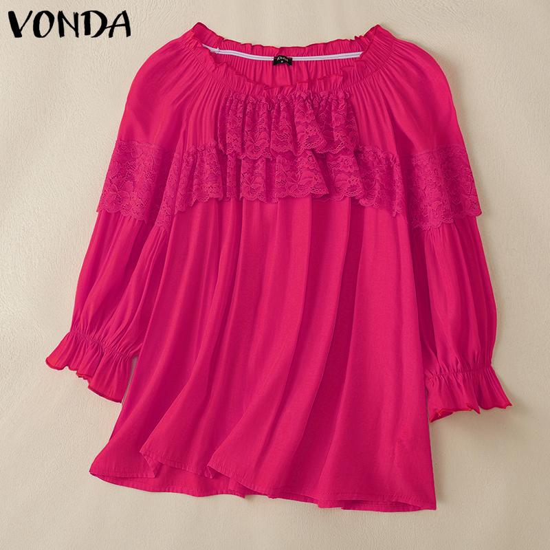 VONDA Женская летняя блузка свободного покроя с круглым вырезом и рукавами 3/4 в стиле пэчворк с оборками