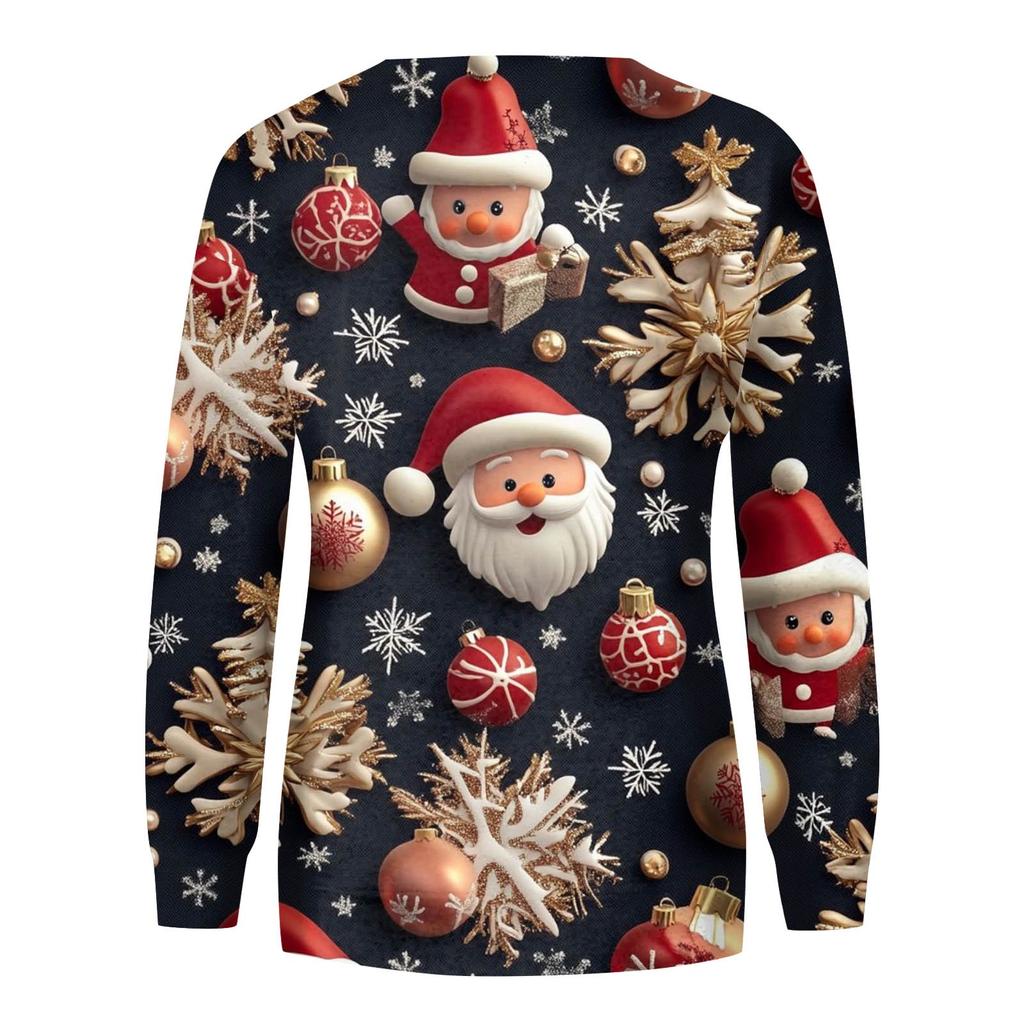 Женская повседневная мода с рождественским принтом, длинный рукав, круглый вырез, пуловер, топ, блузка, свитшот